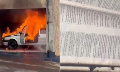 Carro pega fogo e é completamente destruído, mas páginas da Bíblia ficam intactas