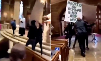 Grupo pró-aborto vandalizando igreja