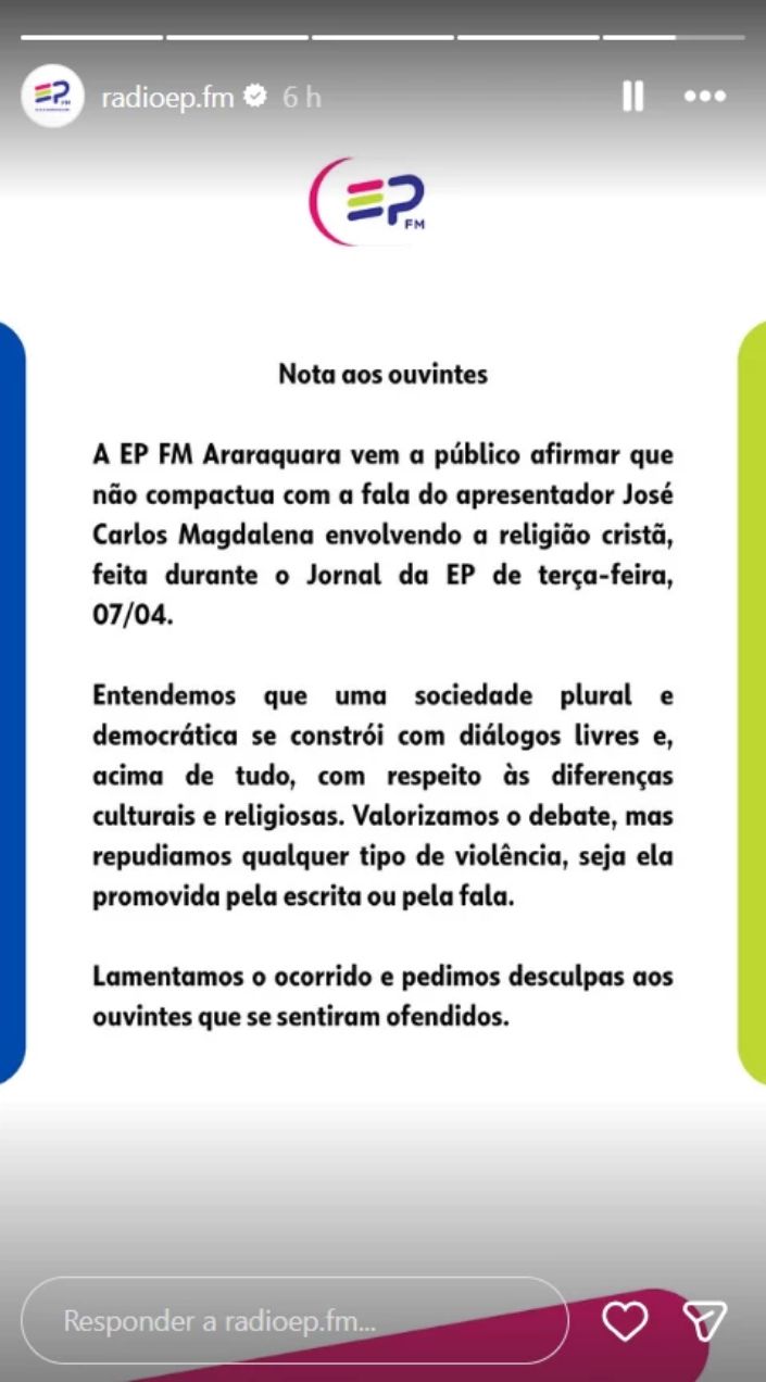Rádio EP FM se desculpa por ofensas à fé cristã