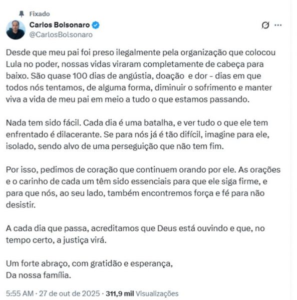 ‘A justiça virá’: Carlos Bolsonaro desabafa e pede orações