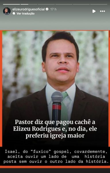 Pastor assembleiano critica Elizeu Rodrigues por faltar a culto