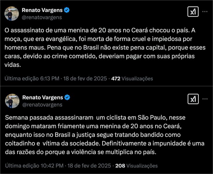 Caso Natany Alves: Renato Vargens cobra pena de morte no Brasil