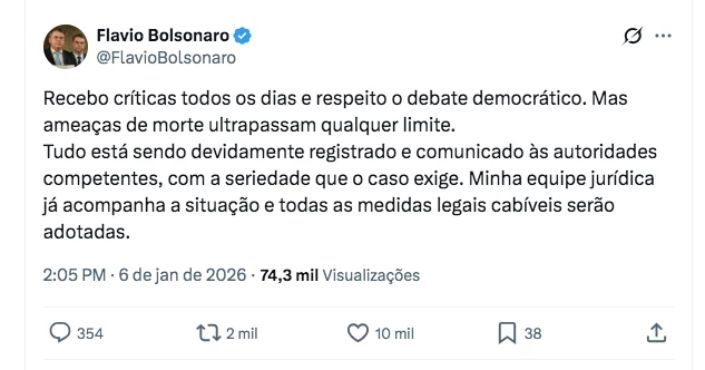 Flávio Bolsonaro relata ter sofrido ameaças de morte